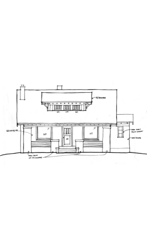 hand drawn exterior elevation of historic ranch house