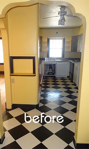 photo of yellow walls with a curved arch and black and white checkerboard floors with the word before written over the photo in white