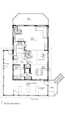 hand drawing of house floor plan that has a large wrap around screened porch and two spiral staircases