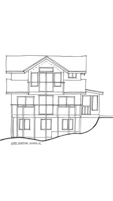 hand drawing of exterior elevation of tall house on a slope