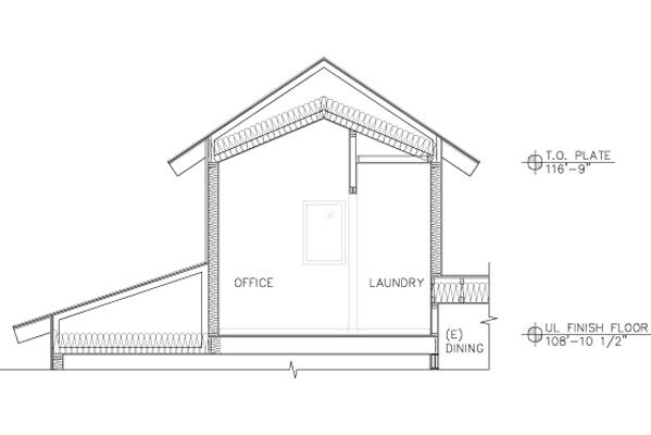 cad drawing of building section through roof with scissor truss