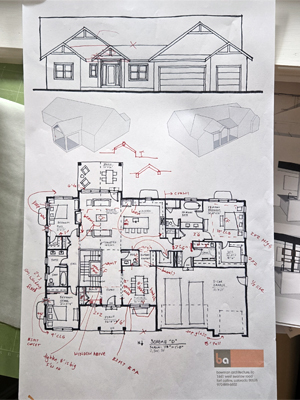 hand drawn floor plan, rough 3d models and front elevation that has been marked up with lots of notes in red