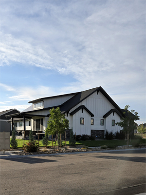 photo of house with shed dormer, covered back patio, gable roof bumpouts with wood brackets, white board and batten siding