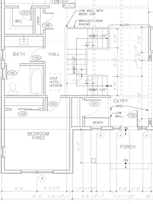 cad drawing close up of floor plan with c shaped stairs