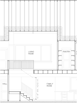 cad drawing close up of section through stairs and living room with vaulted ceiling