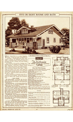 yellowed historic advertisement for sears kit house, the vallonia with photo and floor plans